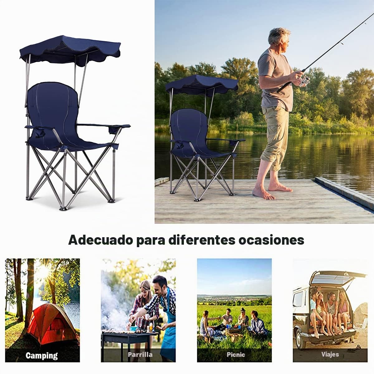 RELAX4LIFE Silla Plegable Camping con Toldo para Pesca y Marco de Acero, Silla de Playa de Tela Oxford con Soporte para Bebidas y Bolsa de Transporte para Excursión y Camping, Carga 120kg (Azul)