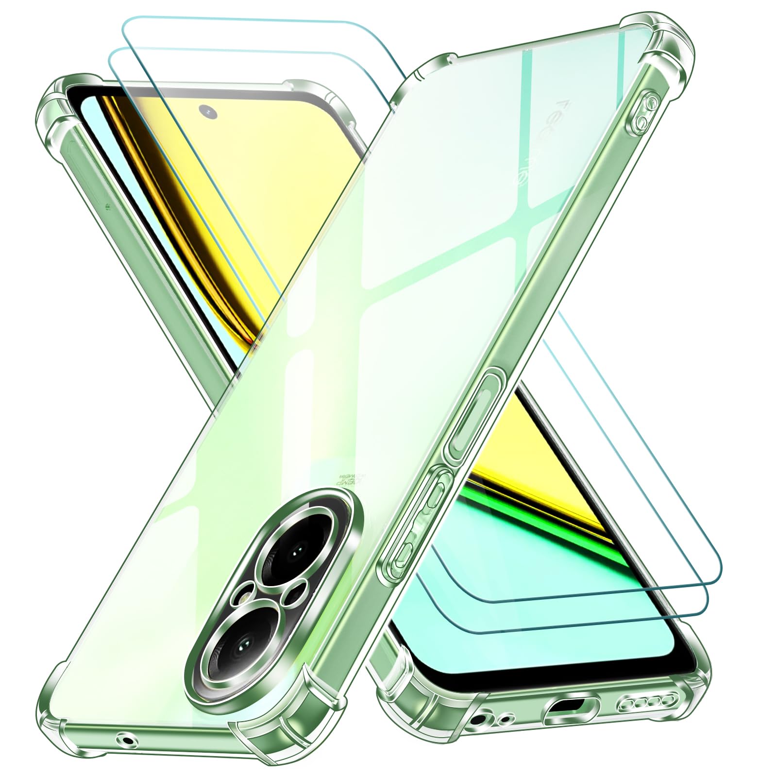 Anlxhj Cover Compatibile per Realme C67 4G con 2 Pellicola Vetro Temperato, Morbido Silicone ed Antiurto Protettivo Bumper TPU Gel Smartphone Custodia Case - Trasparente