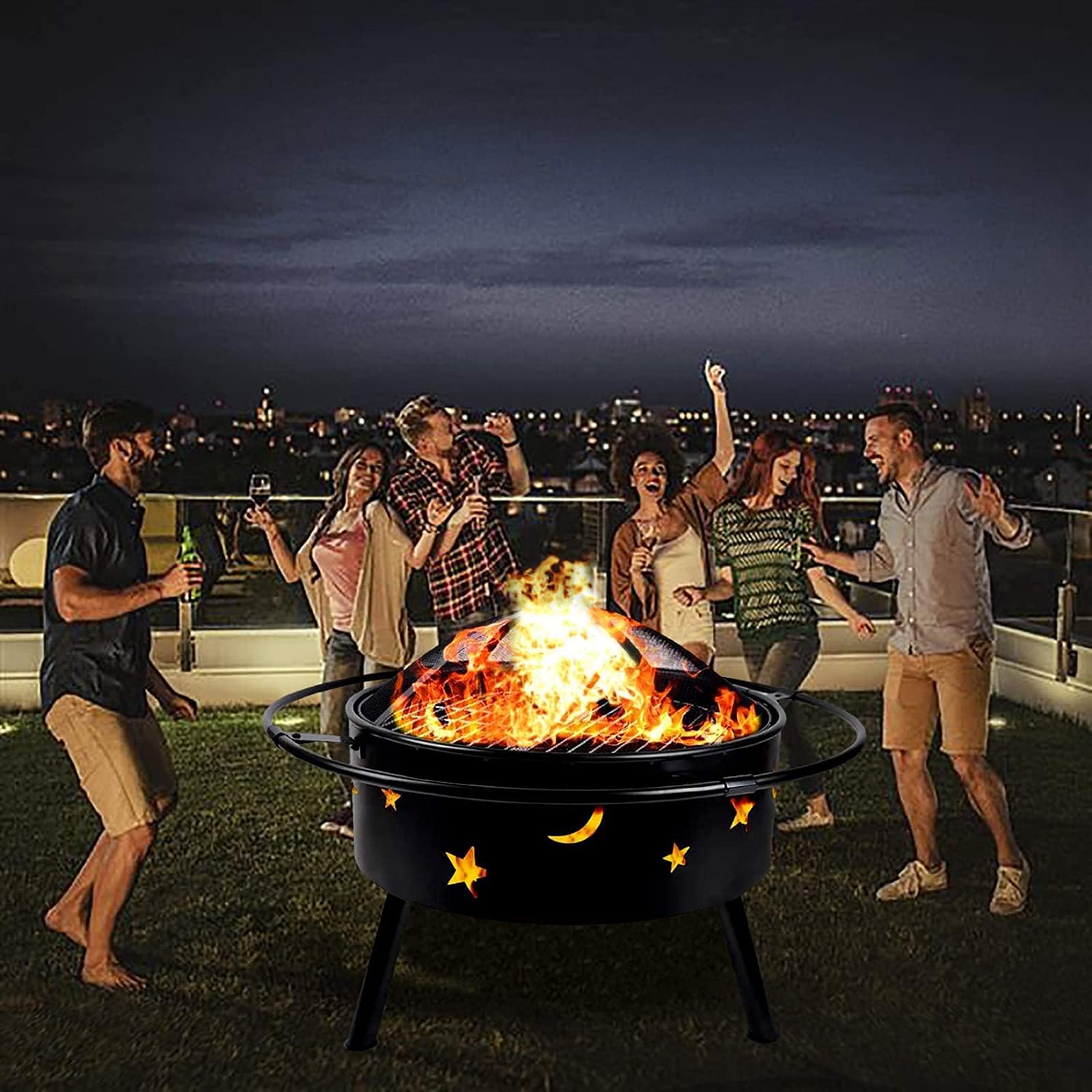 Bracieri a legna da esterno, braciere portatile, falò rotondo a legna da patio e braciere da cortile per esterni con griglia per barbecue