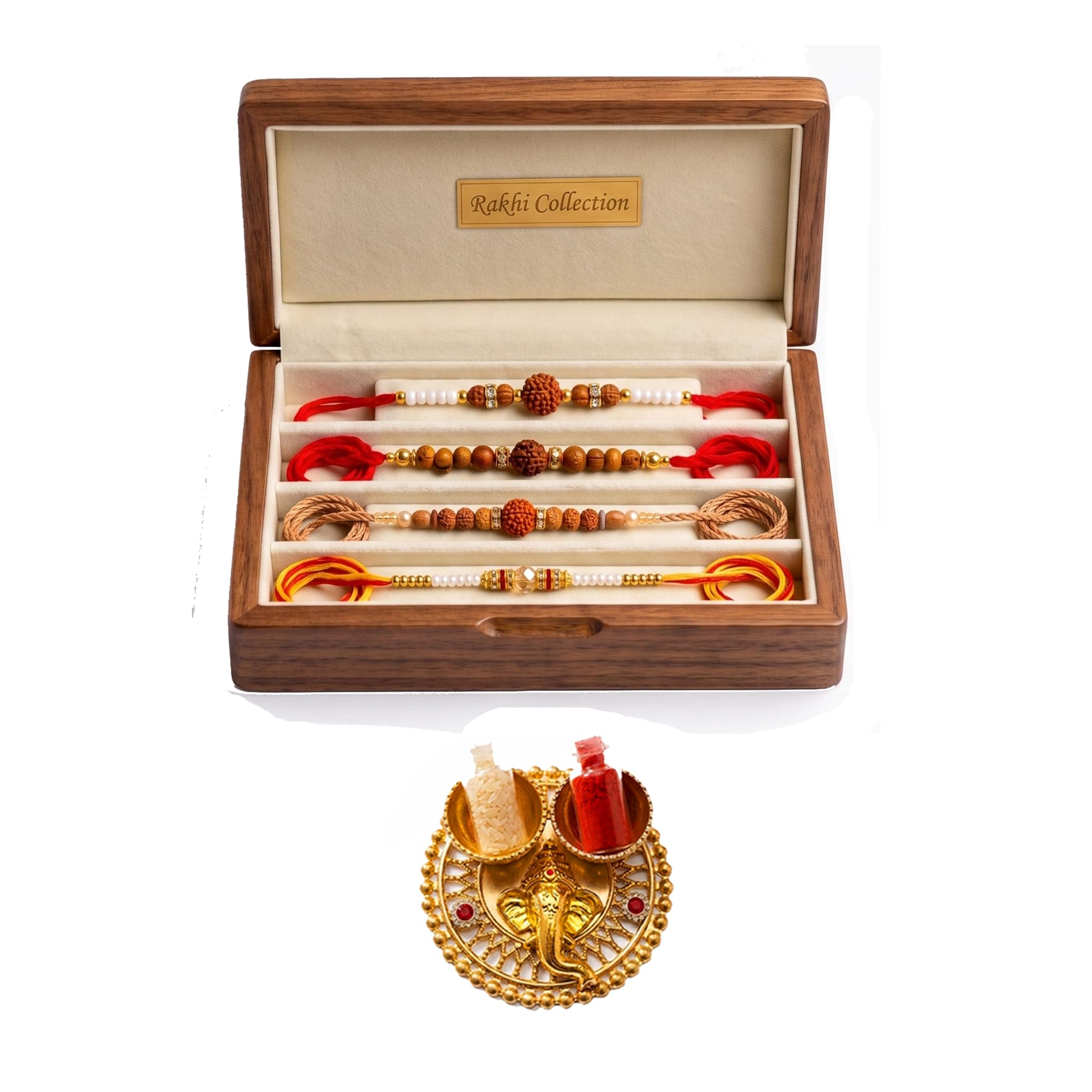 Combo of 4 - Latest Fancy Rudraksh Dori Rakhi set of 4 with roli chawal Plate Pack - Rakhi For Bhai Brother Gift rakshabandhan.-p-picture-17