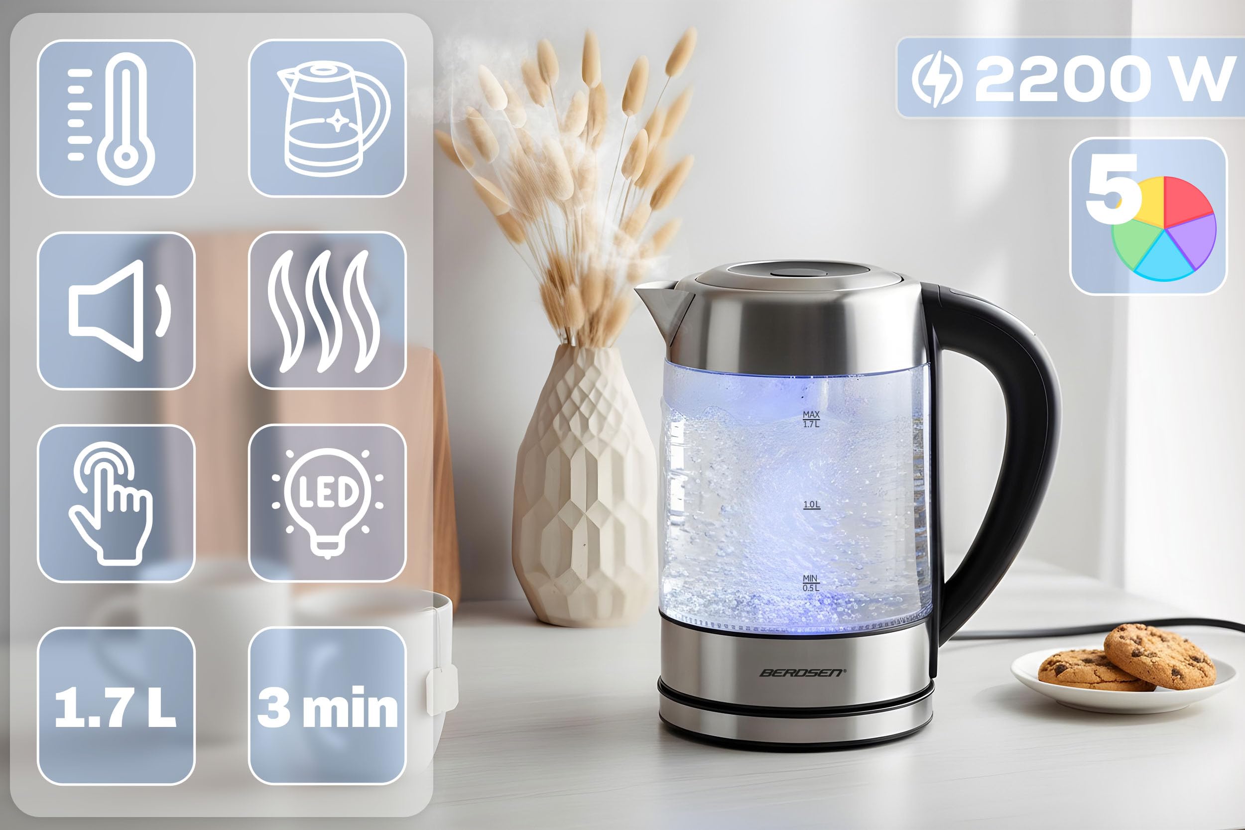 Berdsen Hervidor eléctrico con control de temperatura 60-100 °C - cristal LED - pantalla táctil - 2200 W - 1,7 l - acero inoxidable - plata y negro