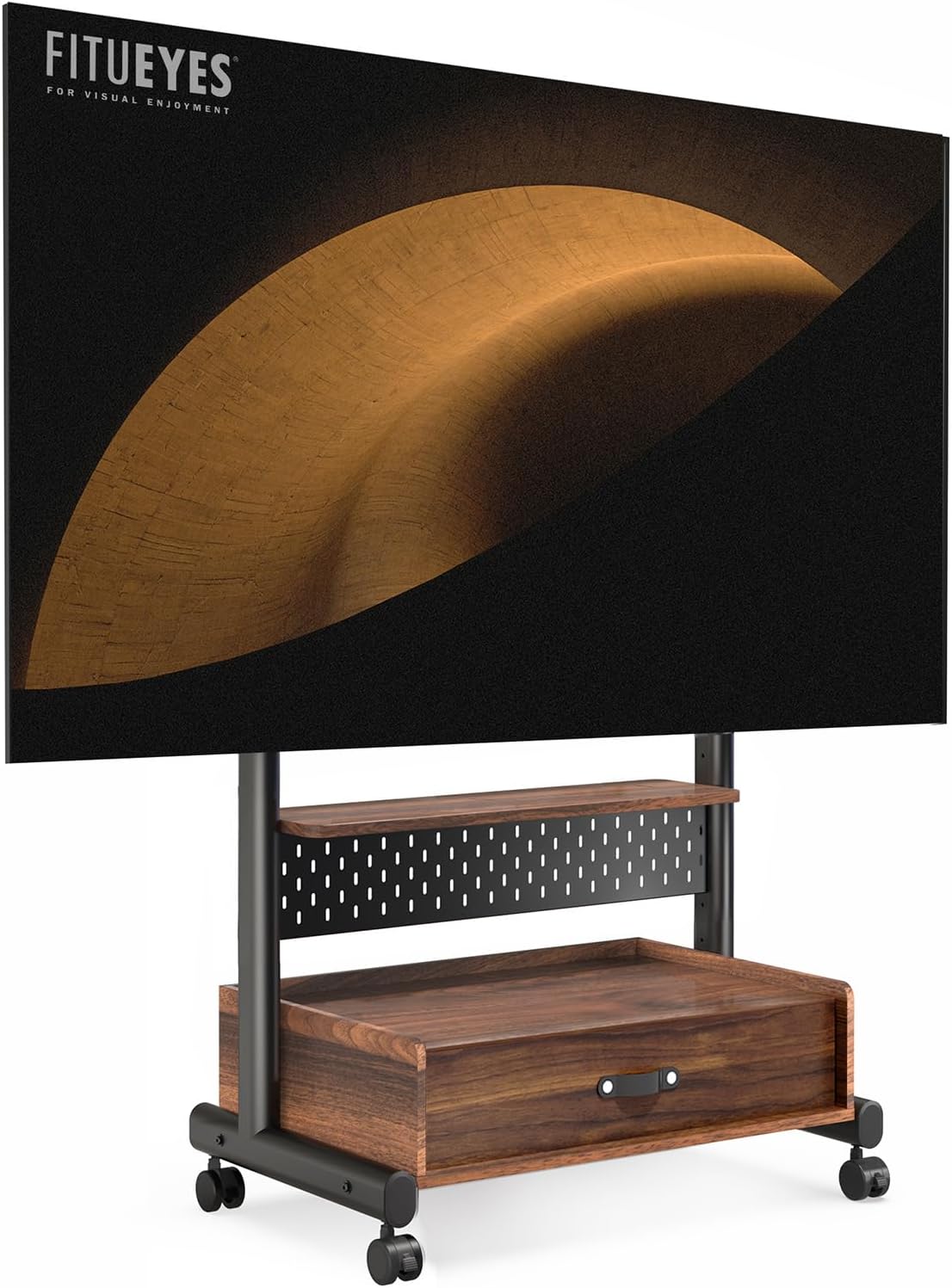 FITUEYES Rolling TV Floor Stand for 40-85in TVs,Heavy Duty Mobile TV Stand on Wheels Lockable,TV Cart with Wooden Large Storage Shelf with Drawer&Pegboard up to 132 lbs for Bedroom,Living Room,Office