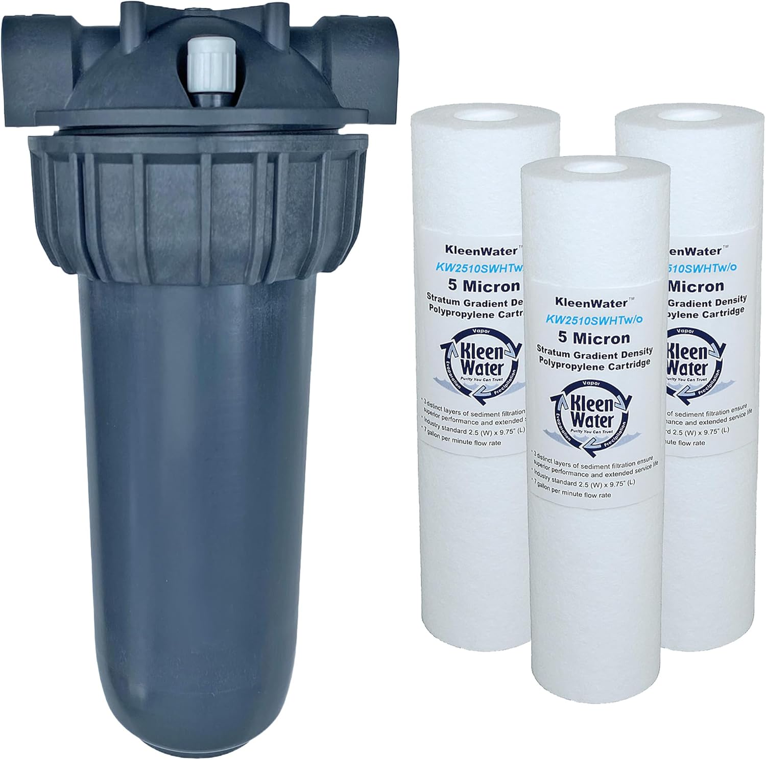 KleenWater Hot Water Filter (1), Mounting Bracket (1), High Temp Cartridges, 5 Micron (3), Spare O-ring (1), Filter Wrench (1)