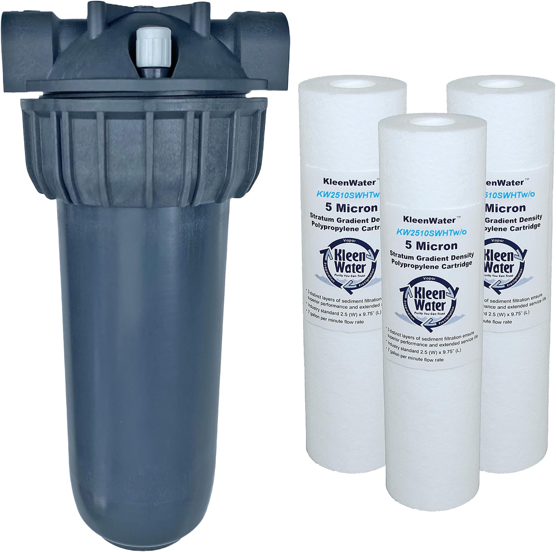 KleenWater Hot Water Filter (1), Mounting Bracket (1), 5 Micron High Temp Cartridges (3), Spare Oring (1), Filter Wrench (1)