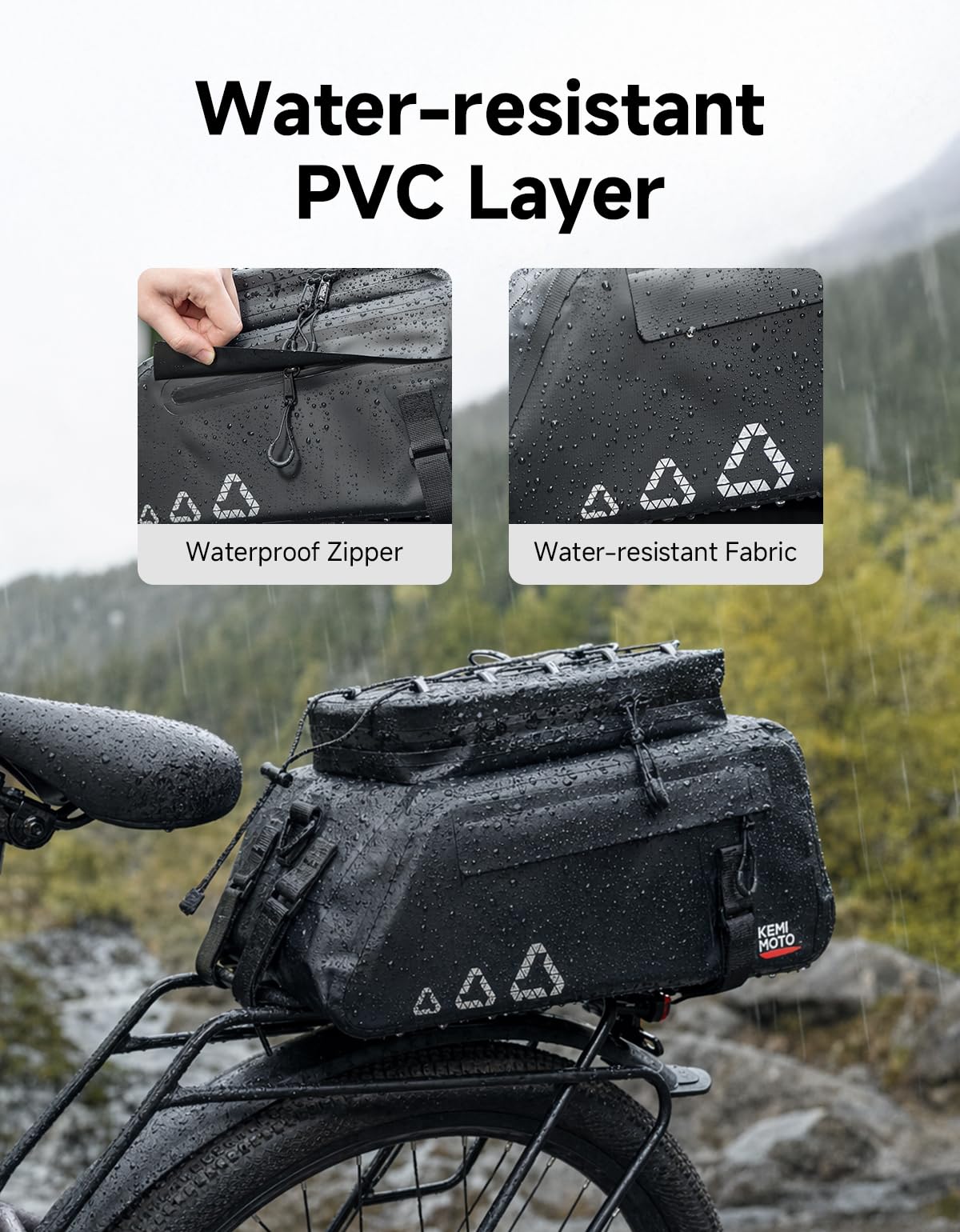 KEMIMOTO 3 in 1 Borsa Bici Posteriore, 13L Borsa per Bicicletta Posteriori Impermeabile con Striscia Riflettente, Borse per Bici con Tracolla e Maniglia per Strada Bike Mountain Bike