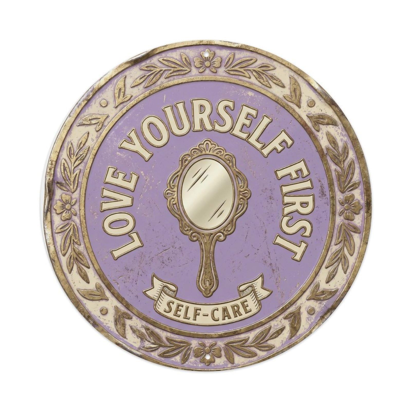 Love Yourself First Nostalgic Bathroom Display Retro Slogans Metal Tin Sign Plaque Wall Decor for Cafe, Club Bar, Office, Home Garden Round Metal Poster 8x8Inch