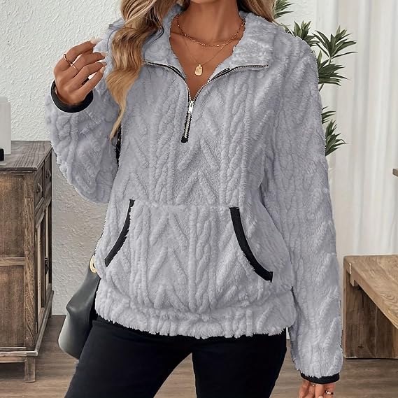 FONMA Quarter Zip Pullover Women Half Zip Sherpa Fleece Pullover Soft Oversized Sweatshirt with Pockets Warm Fuzzy Sweater