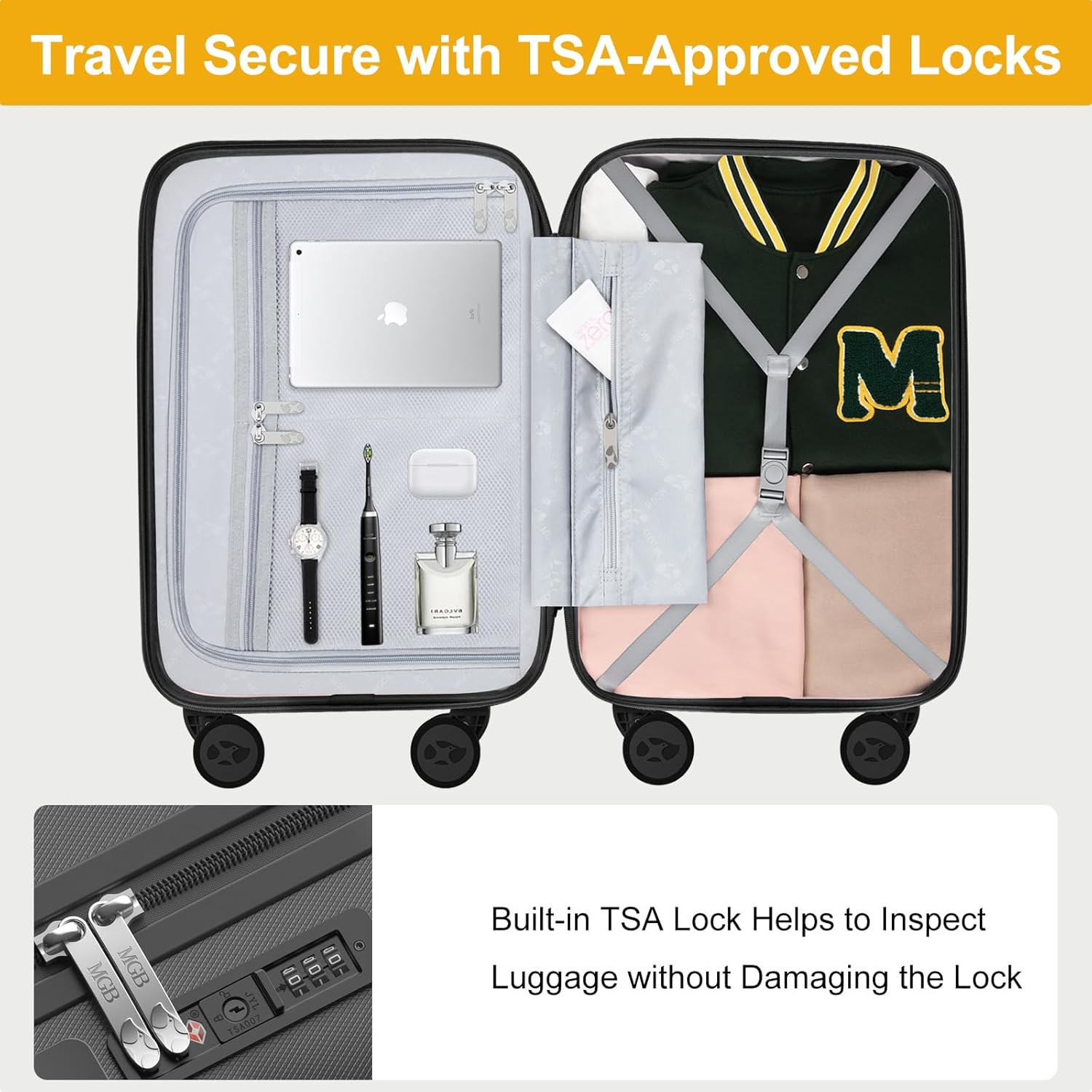 MGB Carry On Luggage 22x14x9 Airline Approved with Wheels, TSA Approved PC Hardside Luggage Suitcase, Carryon Lightweight Suitcases for Travel with 360°Double Spinner Wheels