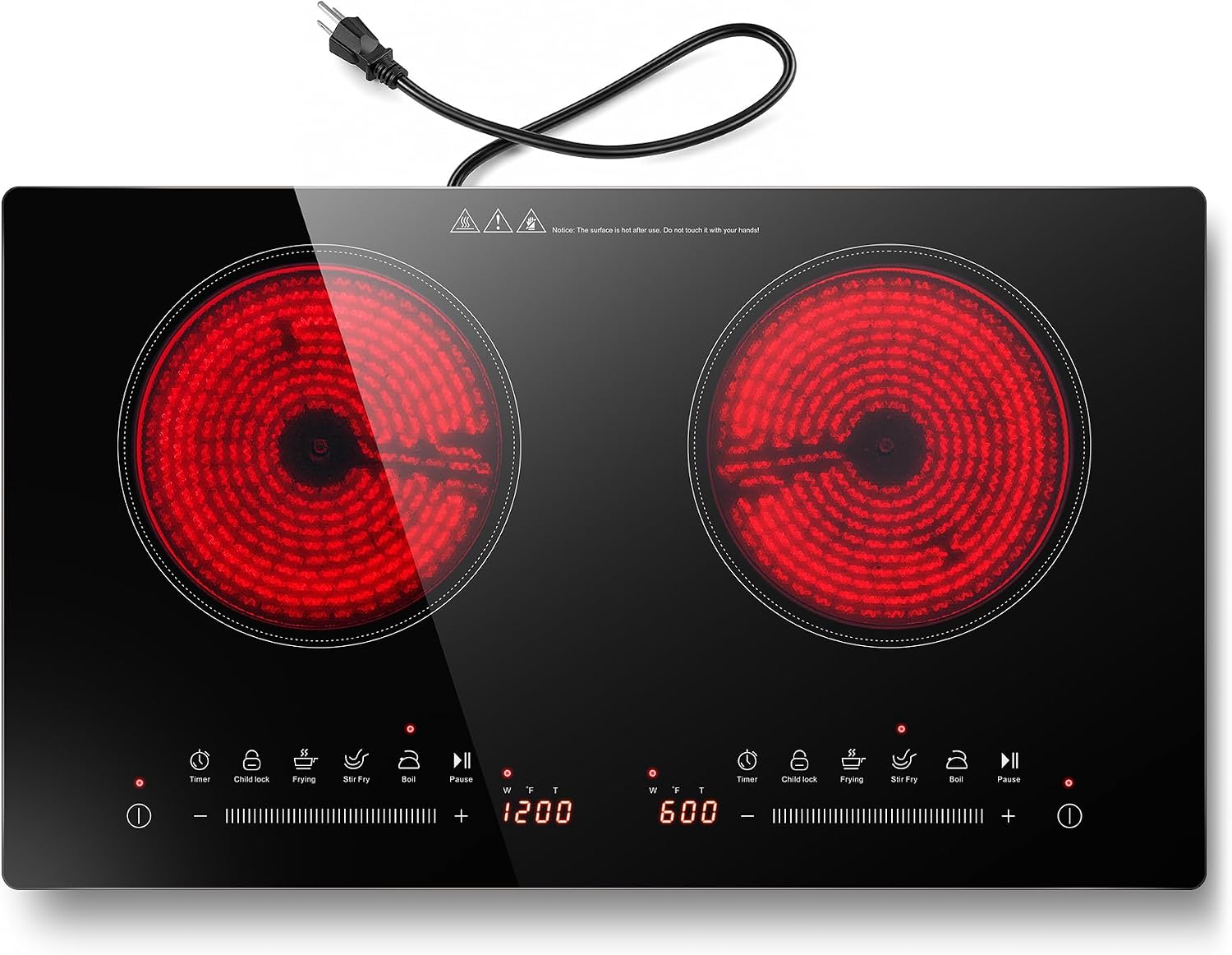 24 Inch 2 Burner Electric Cooktop, 110v 1800W Glass Ceramic Stove Top | Works with Most Cookware, ETL Certified, 9 Power Levels, Touch Control, Safety Lock, Timer & Pause, Countertop & Built-in