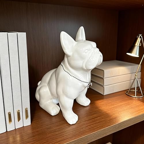 Miniatura 6 de Estatua de bulldog francés, estatua de perro sentado de resina de pug blanco, escultura de decoración del hogar, decoración de escritorio de sala de