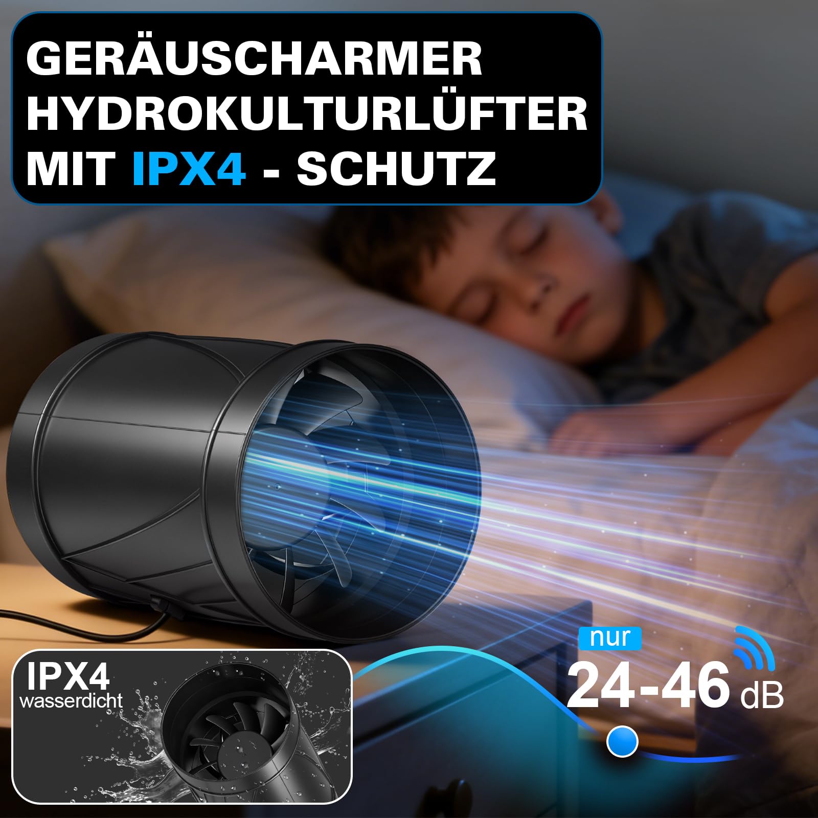 Regelbar Rohrventilator 100mm, EC Motor Inline Abluftventilator 222 m³/h | Rohrlüfter Kanalventilator 4500 RPM mit Drehzahlregler, EU-Stecker, 3m Kabel für Grow-Zelte, Gewächshaus, Badzimmer, Garage