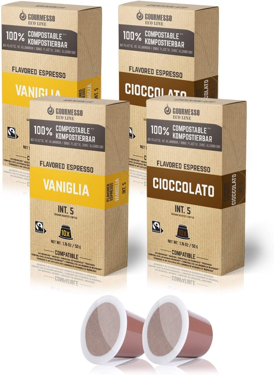 Gourmesso Eco Line 40ct Flavored Espresso Capsules | 100% Compostable Coffee Pods Compatible with Nespresso Original Machines | 20 Vanilla & 20 Chocolate Fair Trade Espresso | Biodegradable