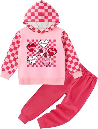Toddler Girls Hoodie Set - Casual Heart Print kid Sweatsuit Fall Winter Plaid Sweatshirt SweatPant Outfit