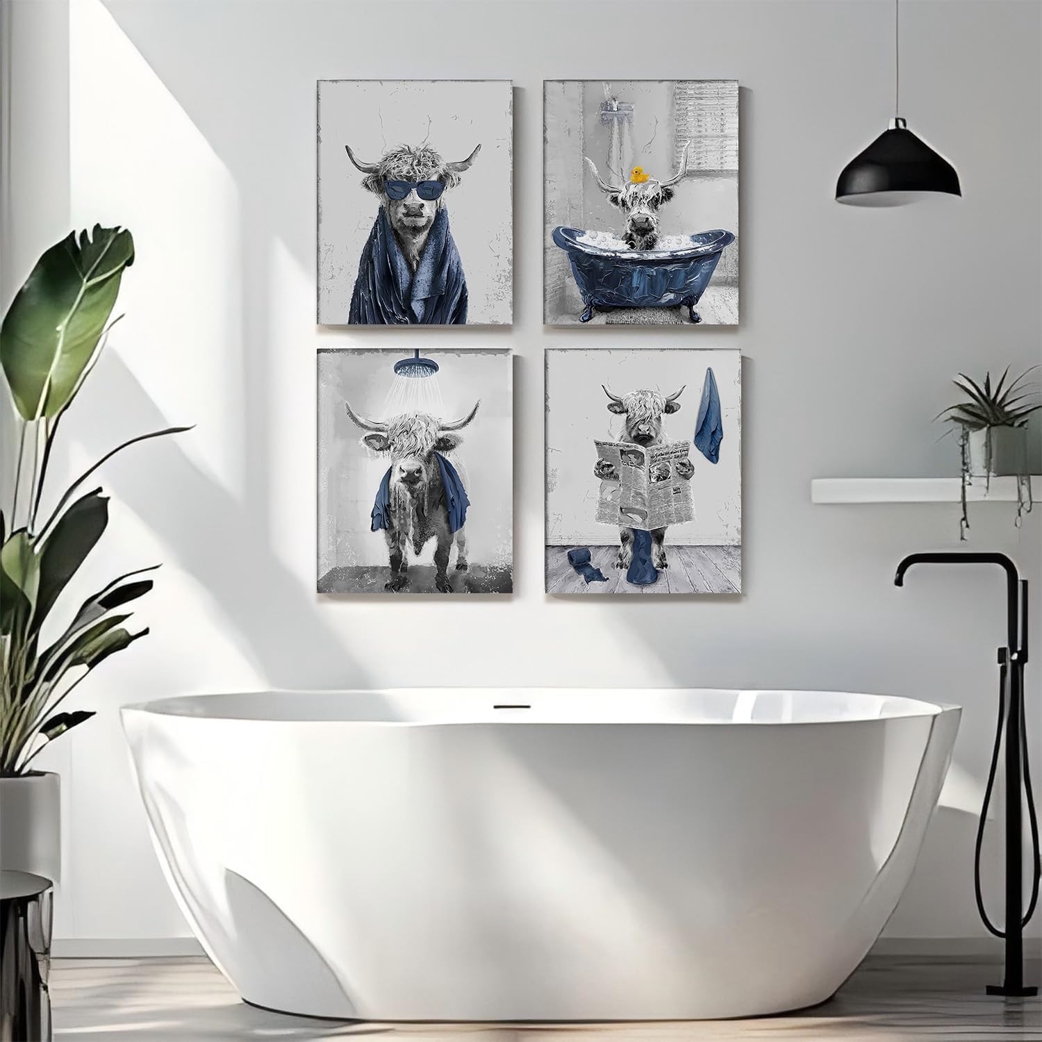 GZZFXXD Blue-toned Highland Cow Combination Fun Bathroom Decorative Painting, Unique Decorative Painting, Bathroom Decorative Painting, Farmhouse and Ranch-Style Decorative Painting