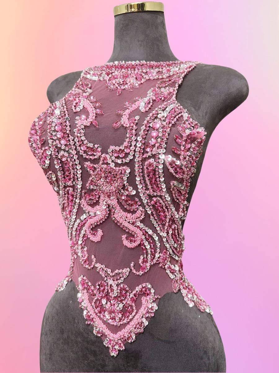 Handmade Beads Rhinestones lace Applique Bodice Patches Trimming sew on Sequins Stones Beads Shining for Wedding Evening Dance Dress Decoration (Pink)