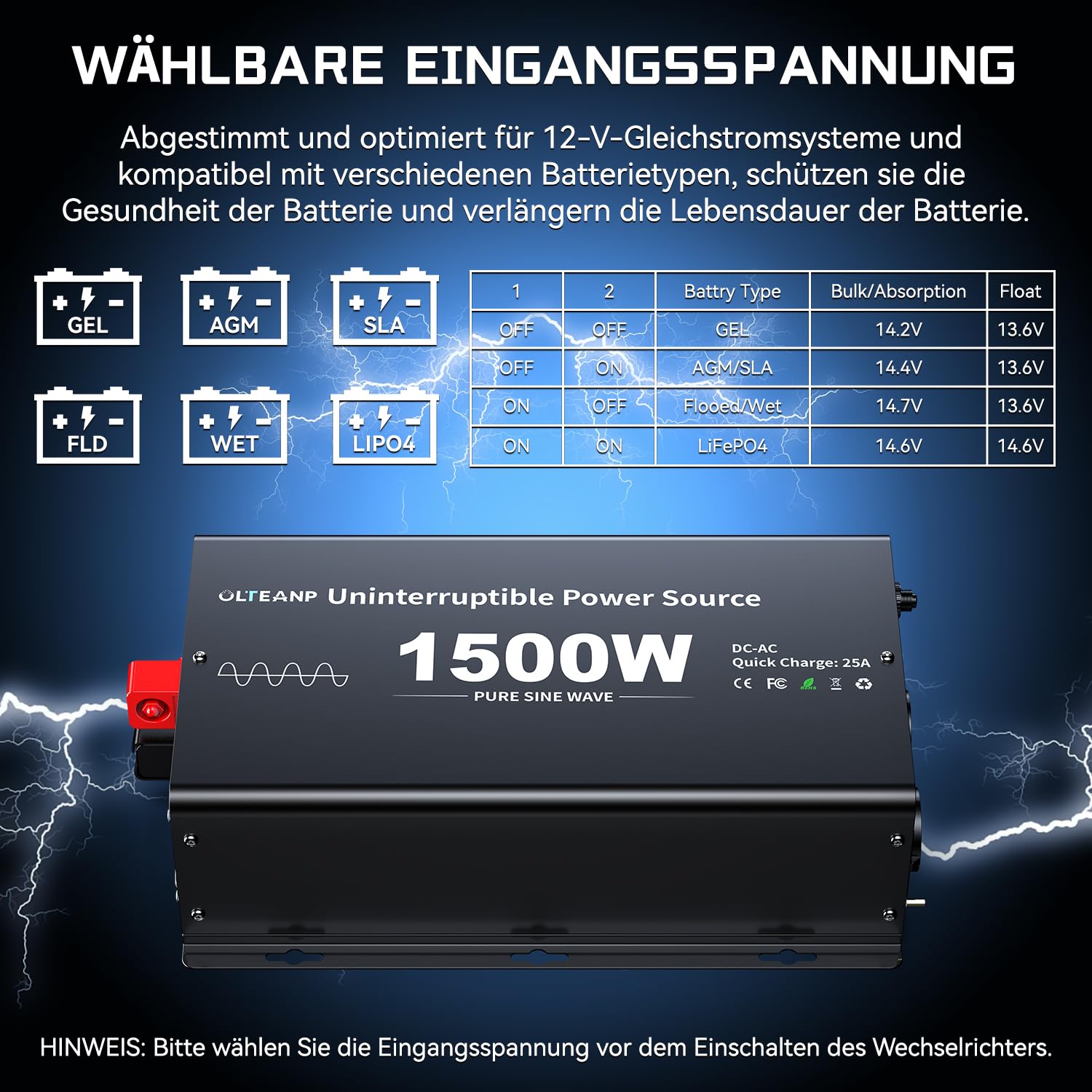 OLTEANP 1500W Wechselrichter12V auf 230V Reiner Sinus,Spannungswandler mit Netzvorrangschaltung und ladefunktion und USV Funktion,Fernbedienung mit LCD-Bildschirm, Automatische Umschaltung für Netz