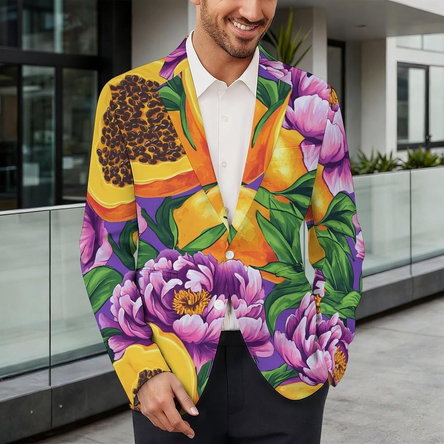 Flowers Papaya Fruit Mens Casual Blazer Two Button Lightweight Sport Coat Suit Jacket