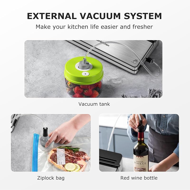 Bonsenkitchen Rozsdamentes Acél Vákuumfóliázó Gép - 12L/perc Szívókapacitás, 6 Élelmiszer Üzemmód, Beépített Vágó, Fóliatekercs Tartó, Kezdő