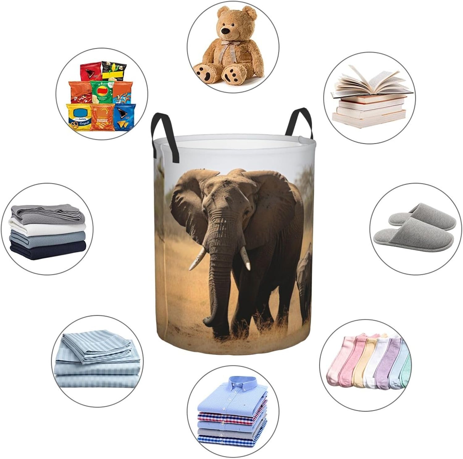 Walking Elephants Mother And Baby Printed Laundry Basket Collapsible Laundry Hamper Waterproof Storage Basket With Handles For Home Bathroom Bedroom Dorm