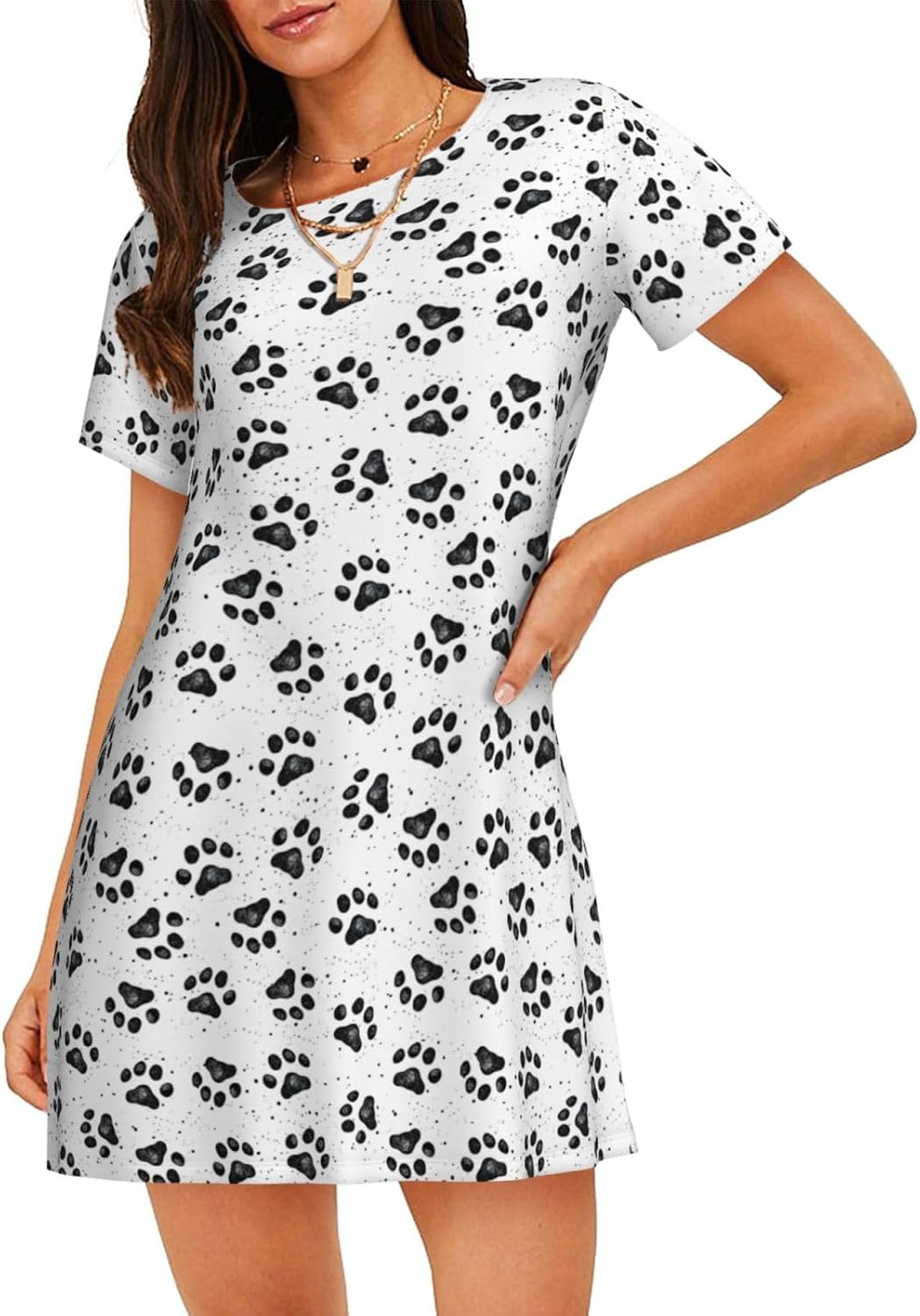 Dog Paw Pattern Print Sleep Shirts for Women Short Sleeve Night Shirts for Sleeping Pullover Nightgown