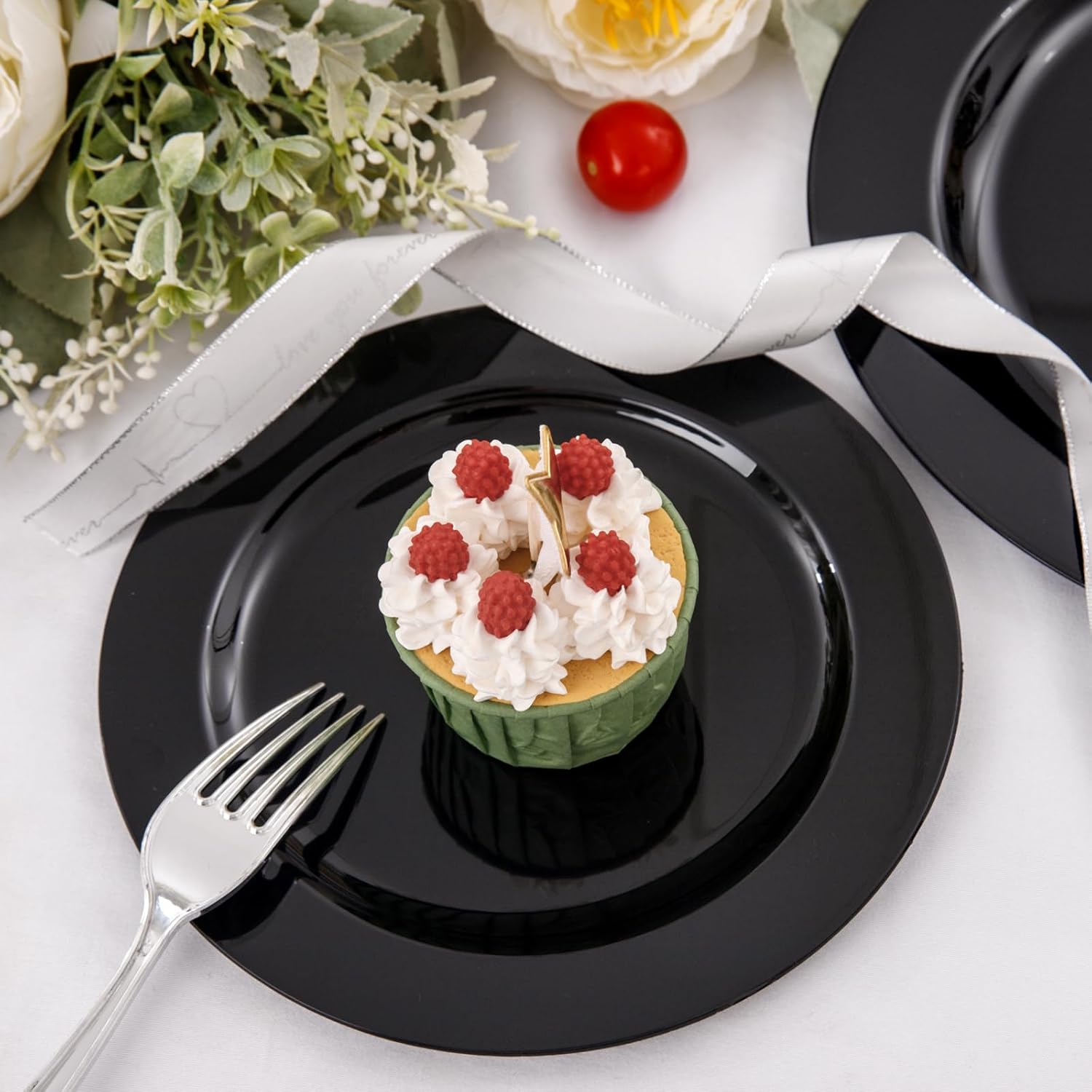 FLOWERCAT 60PCS Black Plastic Plates - Heavy Duty Black Disposable Plates for 30 guests Halloween Party/Wedding/New Year - Include 30PCS 10.25inch Dinner Plates and 30PCS 7.5inch Dessert Plates - Image 2