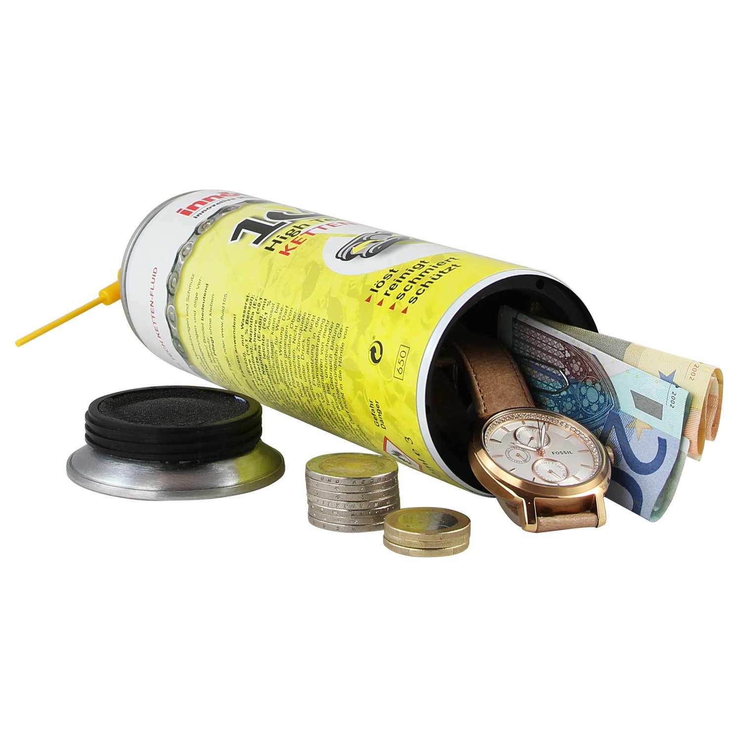 Plasticfantastic sejf w puszce, schowek na pieniądze, Innotech Kettenfluid, 24 x 6,5 cm