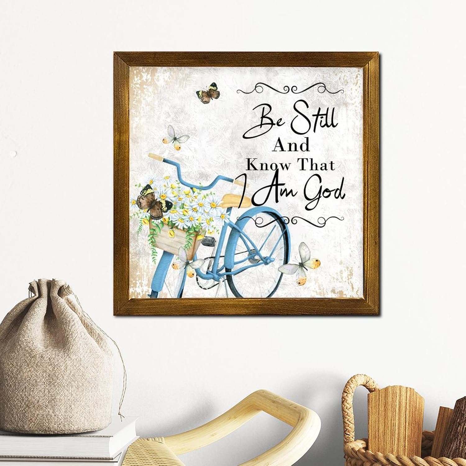 Be Still and Know That I Am God Wood Framed Sign Butterfly Daisy Flower Bike Basket Porch Sign Retro Nature Plants Wall Art Hanging Farmhouse Decoration Plaque for Kitchen Bedroom Home 12x12 inch