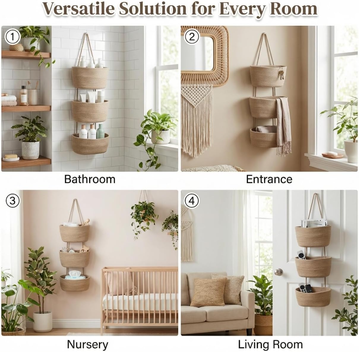 Hanging Wall Basket, Over the Door Hanging Basket with Hooks, Cotton Back of Door Organizer for Living Room, Bedroom, Boho Wall Decor, Toy Storage, Jute