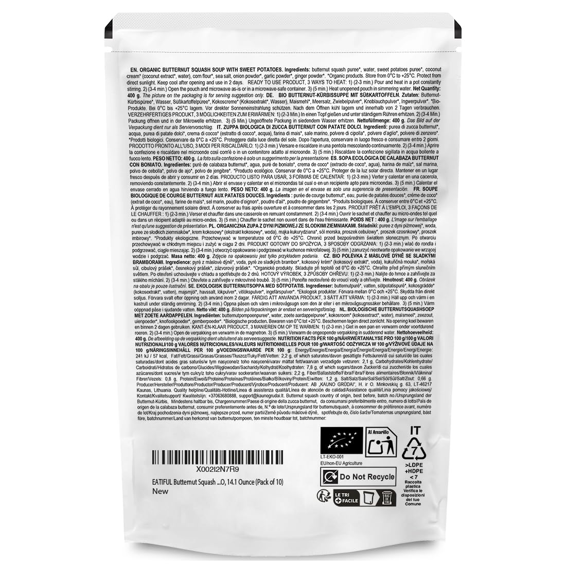 EATIFUL Sopa de Calabaza Moscada, Deliciosa Sopa de Calabaza Moscada Lista Para Comer con Boniatos, Elaborada con Verduras Ecológicas, de Origen Vegetal, sin Gluten y OMG, 400g (Paquete De 10)