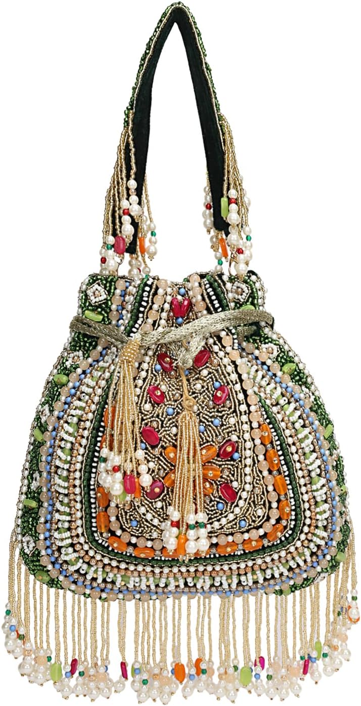LONGING TO BUY Beaded Potli Bag for Women, Multicolor, Drawstring Wristlet with Pearl Fringe, Potli Bag for Wedding 9x9 Inch