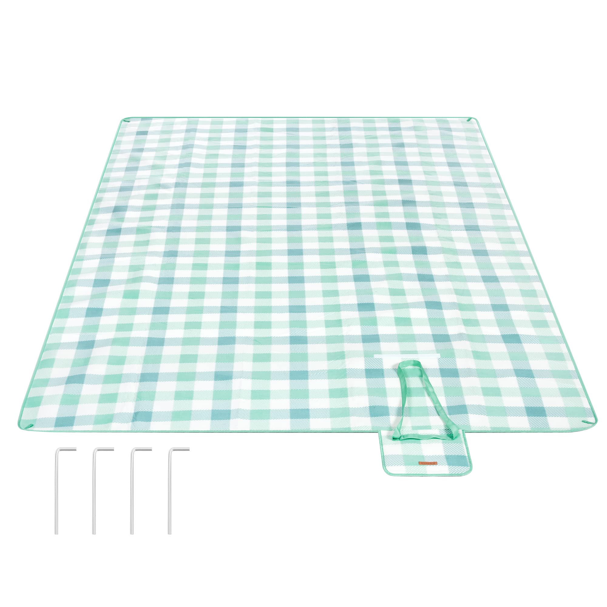 SONGMICS Picnic Blanket, 300 x 200 cm, 4 Blow-Away Prevention Pegs, Large Mat for Camping, Park, Garden, Beach, Outdoors, Waterproof Backing, Foldable and Portable, Green and White GCM012W03