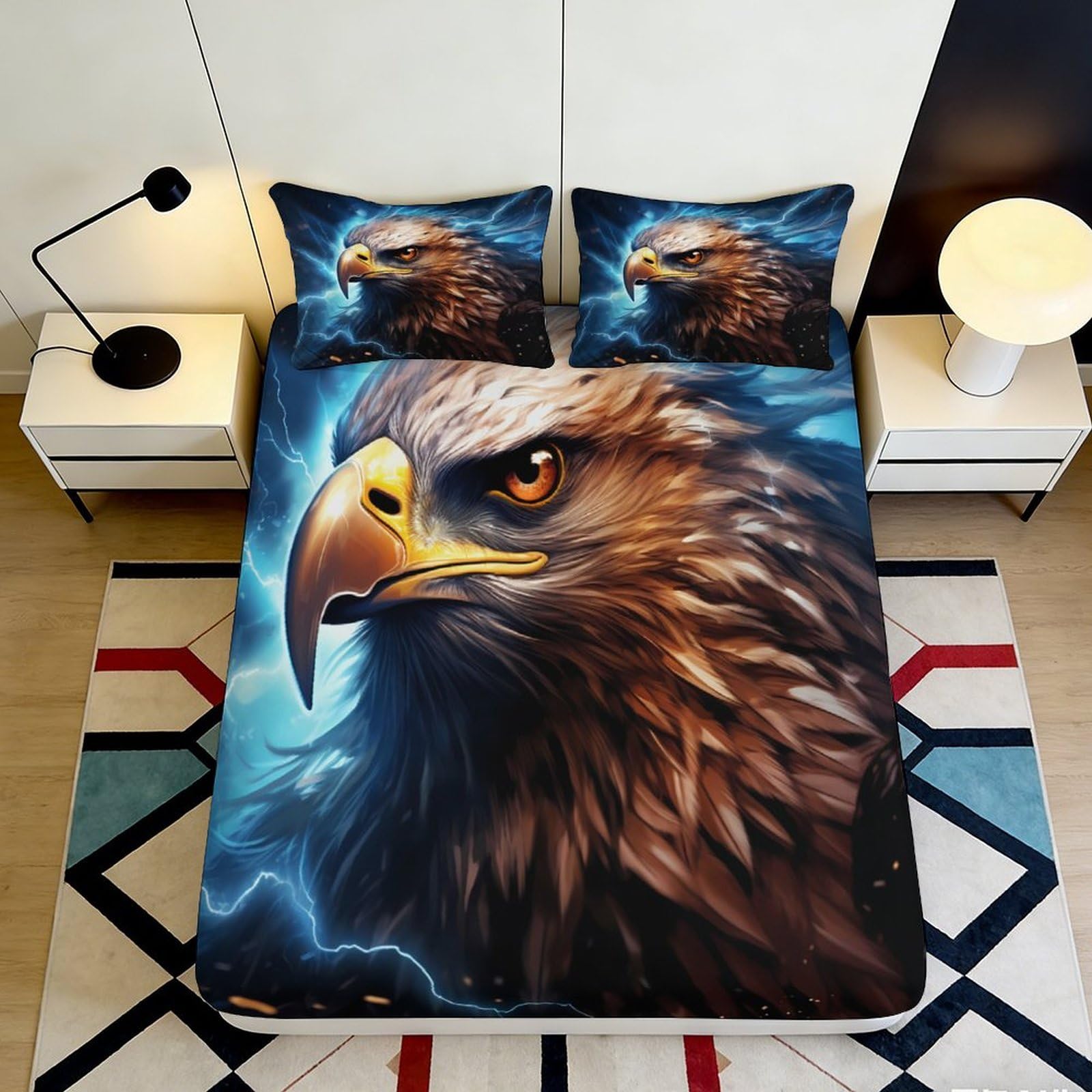 3D Printed Eagle Fitted Sheet Microfiber Soft Durable Lightning Bed Cover for Bedroom Dormitory Guest Room Mattress Protection Decor 140x200x25cm