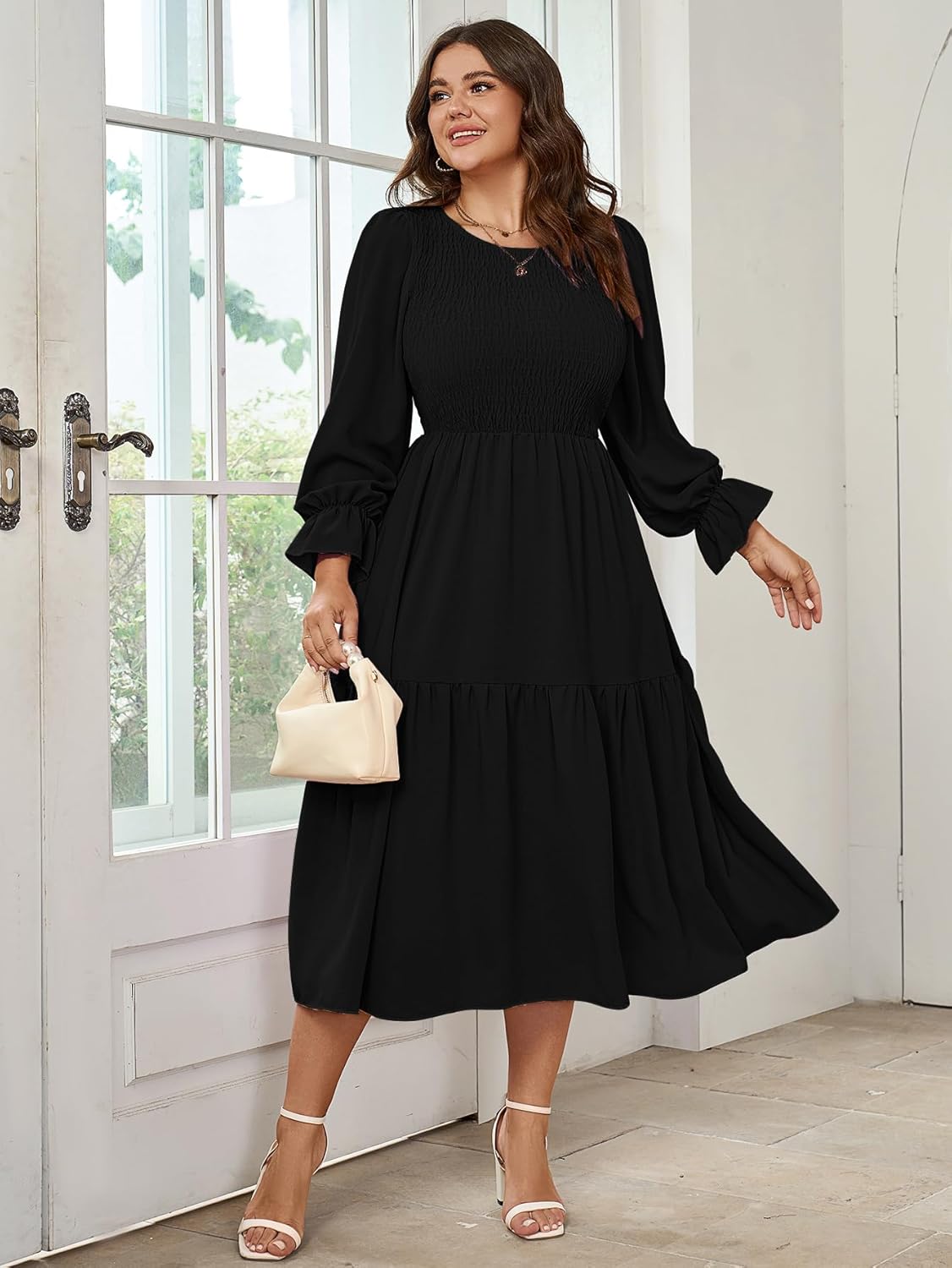 Women's Plus Size Dress Long Sleeve Crewneck Smocked Tiered Flowy Boho Wedding Party Maxi Dresses - Image 3