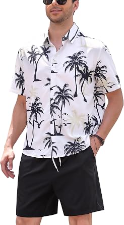 ABEWIP Mens 2 Pieces Summer Casual Outfit Hawaii Short Sleeve Tropical Print Shirt & Drawstring Shorts Beach Set