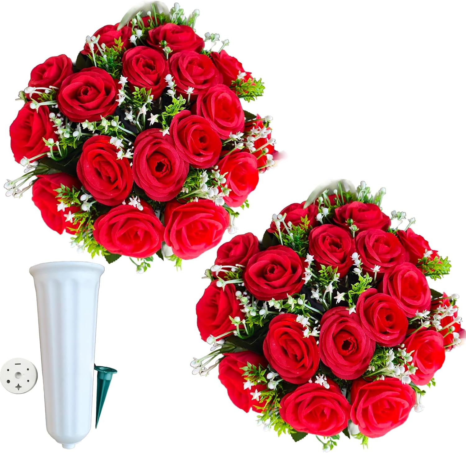 Set of 2 Cemetery Flowers for Grave, Red Silk Artificial Rose Memorial Arrangements for Headstones, Graveside Grave Vase Decorations, Outdoor UV Resistant Funeral Sympathy Flowers (red)