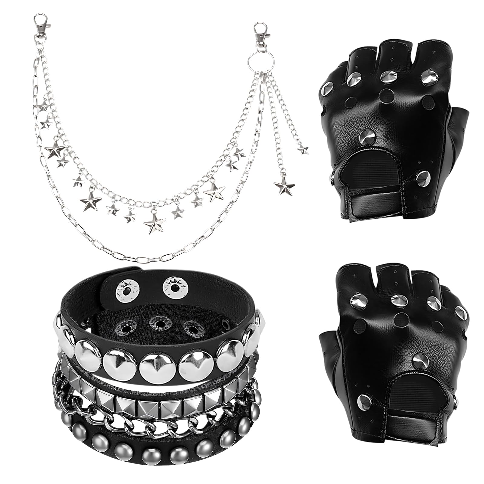llikknve Emo Accessories Set,Studded Bracelet,Punk Fingerless Leather Gloves,Jean Chain，Punk Gothic Jewelry for Women Men, Suitable for Fancy Dress Halloween