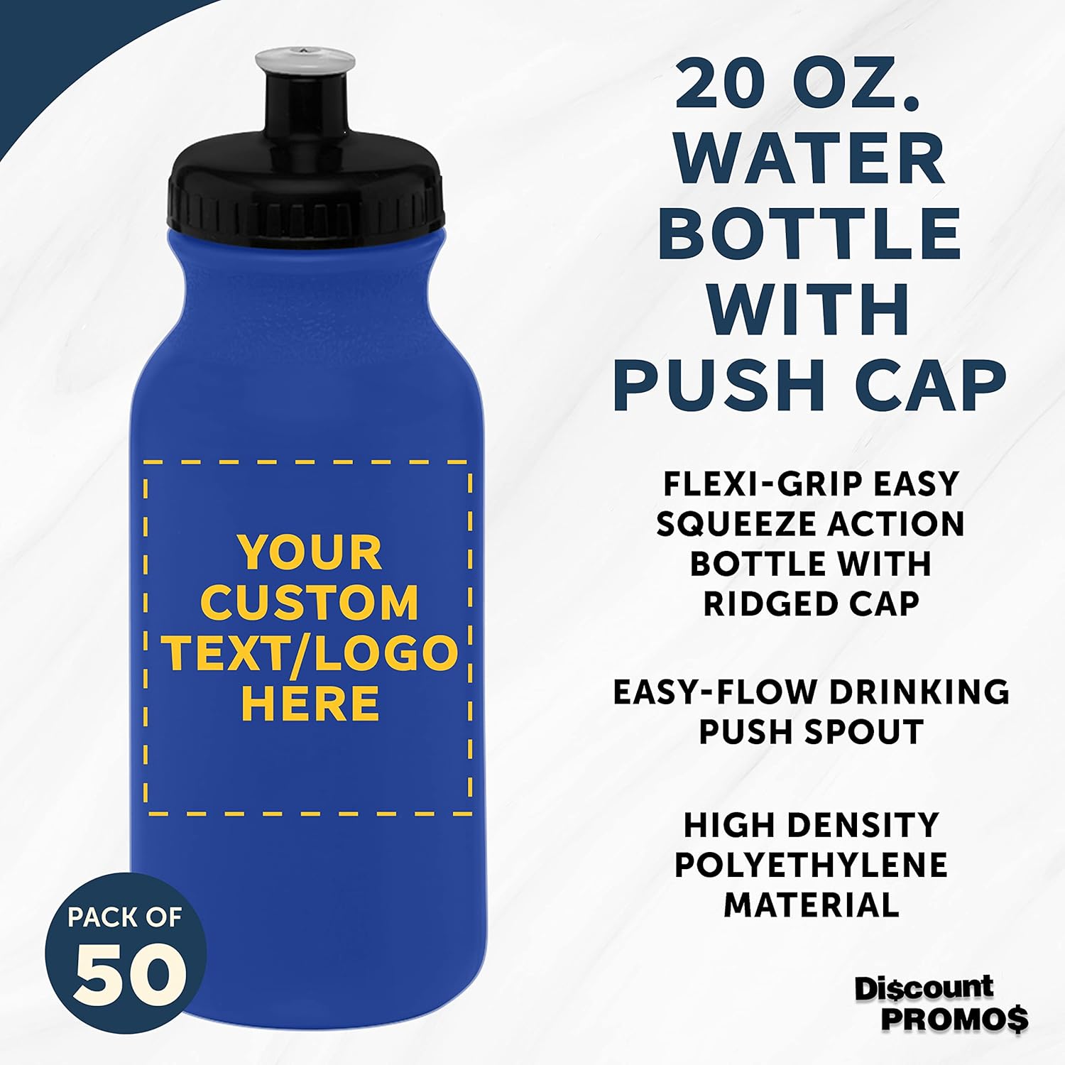 DISCOUNT PROMOS Custom 20 oz. Water Bottles with Push Cap Set of 50, Personalized Bulk Pack - Perfect for Gym, Hiking, Camping, Outdoor Sports - Reflex Blue - Image 3