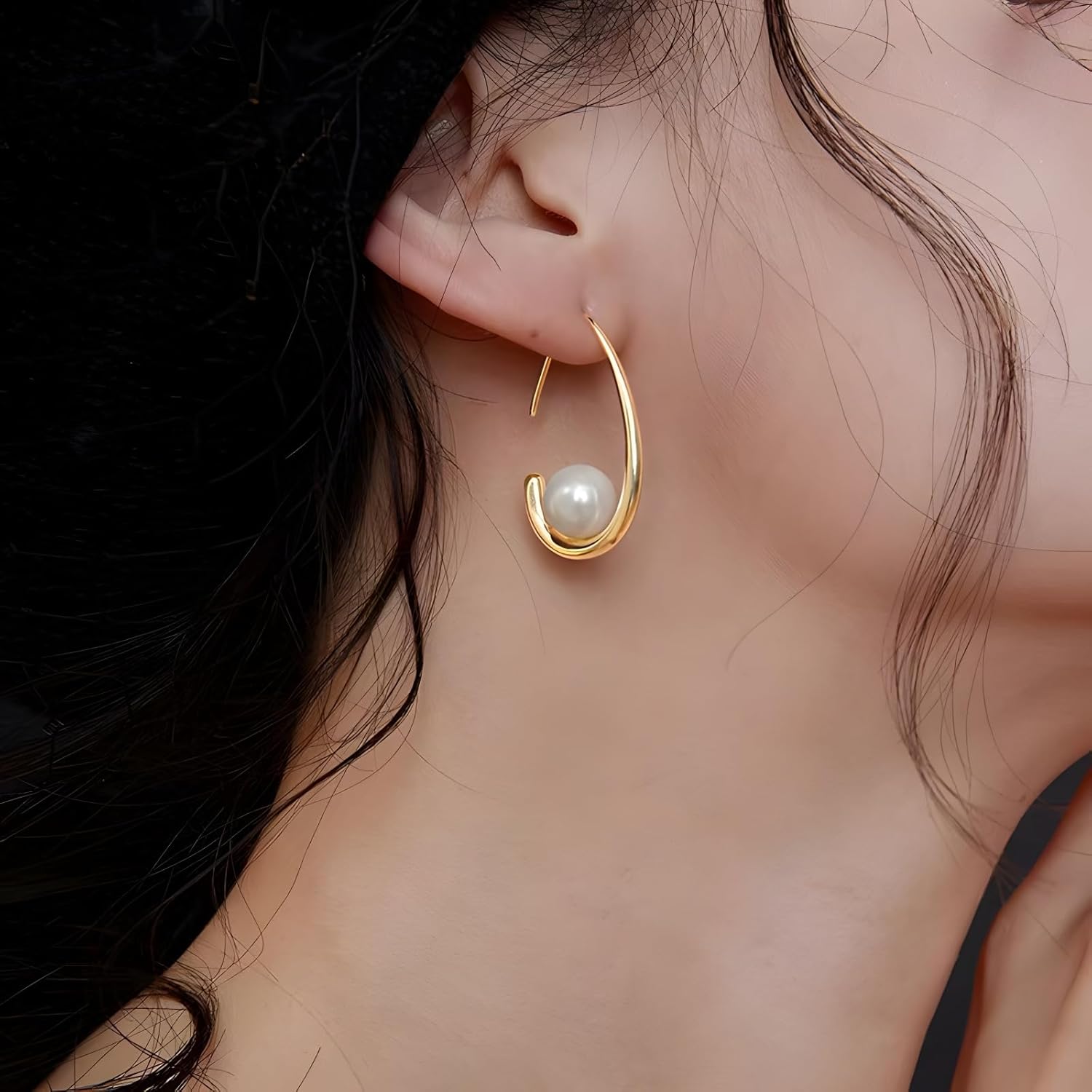 Statement Wedding Bridal Earrings Set, 18K Gold Earrings for Women, Large Oval Hoop Earrings, Long Imitation Pearl Drop Earrings as Birthday Christmas Gifts - Image 2