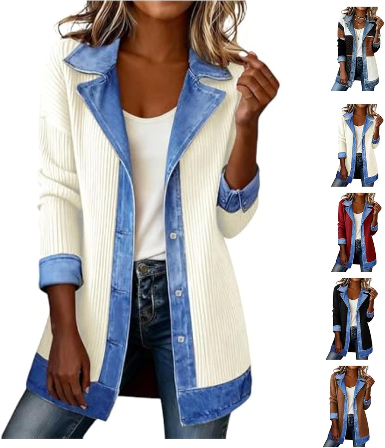 Women's Denim Patchwork Corduroy Shacket, Casual Button Down Shirt Jacket, Collared Long Sleeve Loose Fit