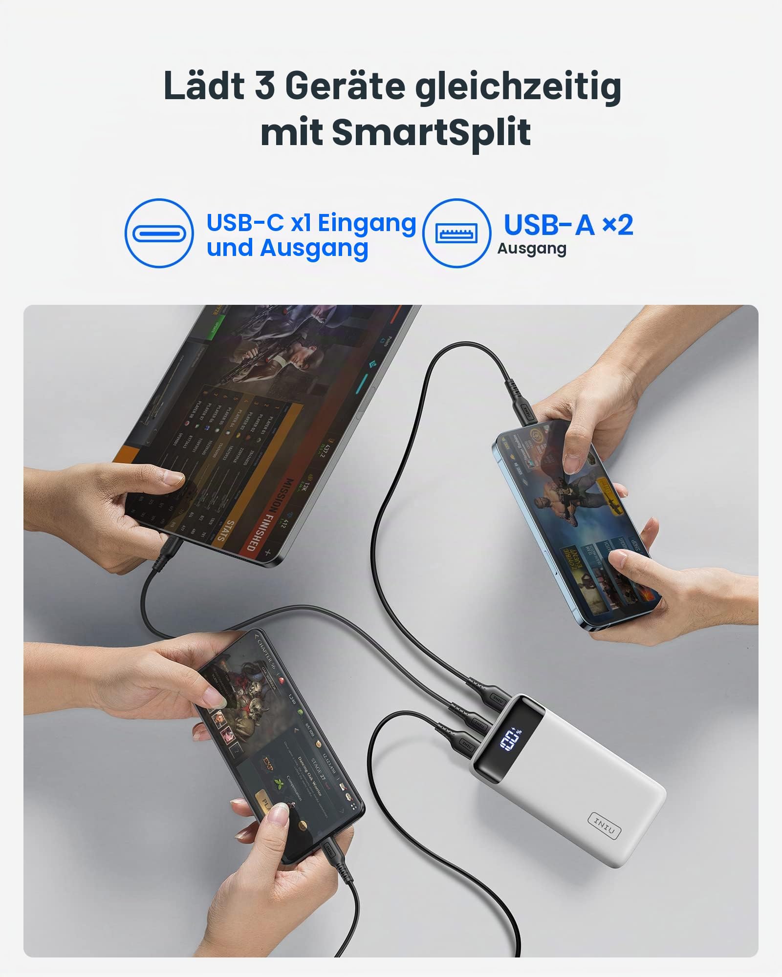 INIU Power Bank, 22.5W PD3.0 QC4.0 Fast Charging LED Display 20000mAh Portable Charger, 3A Outputs Flashlight Phone Battery Pack Compatible with iPhone 16 15 14 13 12 Samsung Xiaomi etc