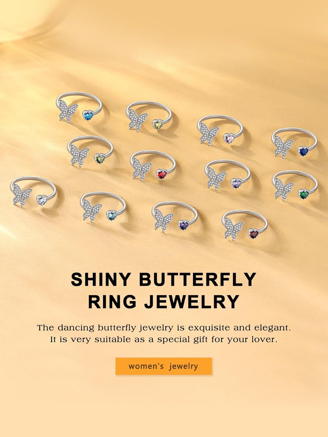 Bestyle Sterling Silver Butterfly Birthstone Rings for Women, Dainty Butterfly Stackable Ring Adjustable Ideal Valentine's Birthstone Gifts for Her - Image 8