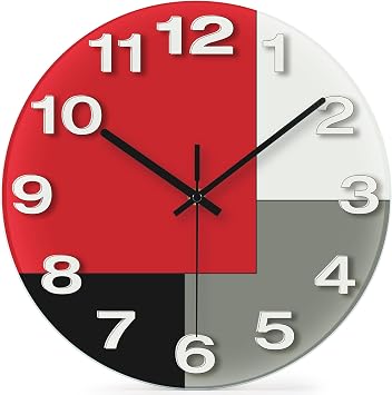 12in Abstract Geometric Red Black Glass Wall Clock Home Kitchen Decor | WISKALON Battery Operated Non Ticking Quartz Clock for Bathroom Living Room Office