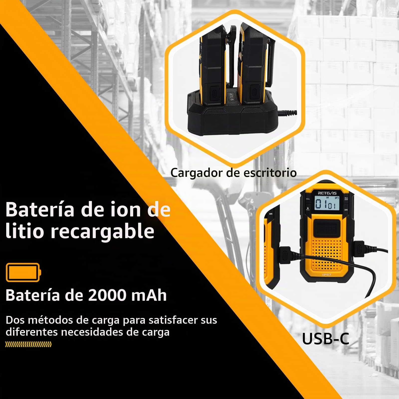 Retevis RB648 Walkie Talkies Resistentes, Radio Impermeable IP67 | Resistente a los Golpes, 2000 mAh, USB-C, Walkie Talkie Profesional para Adultos Sitio de Trabajo (6 Unidades)