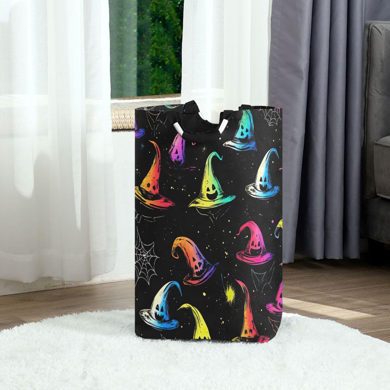 Jihqo Laundry Hamper Basket Halloween Witchy Hats Collapsible Nursery Storage Bin Waterproof Clothing Baskets for Home Bedroom Bathroom Washing Room