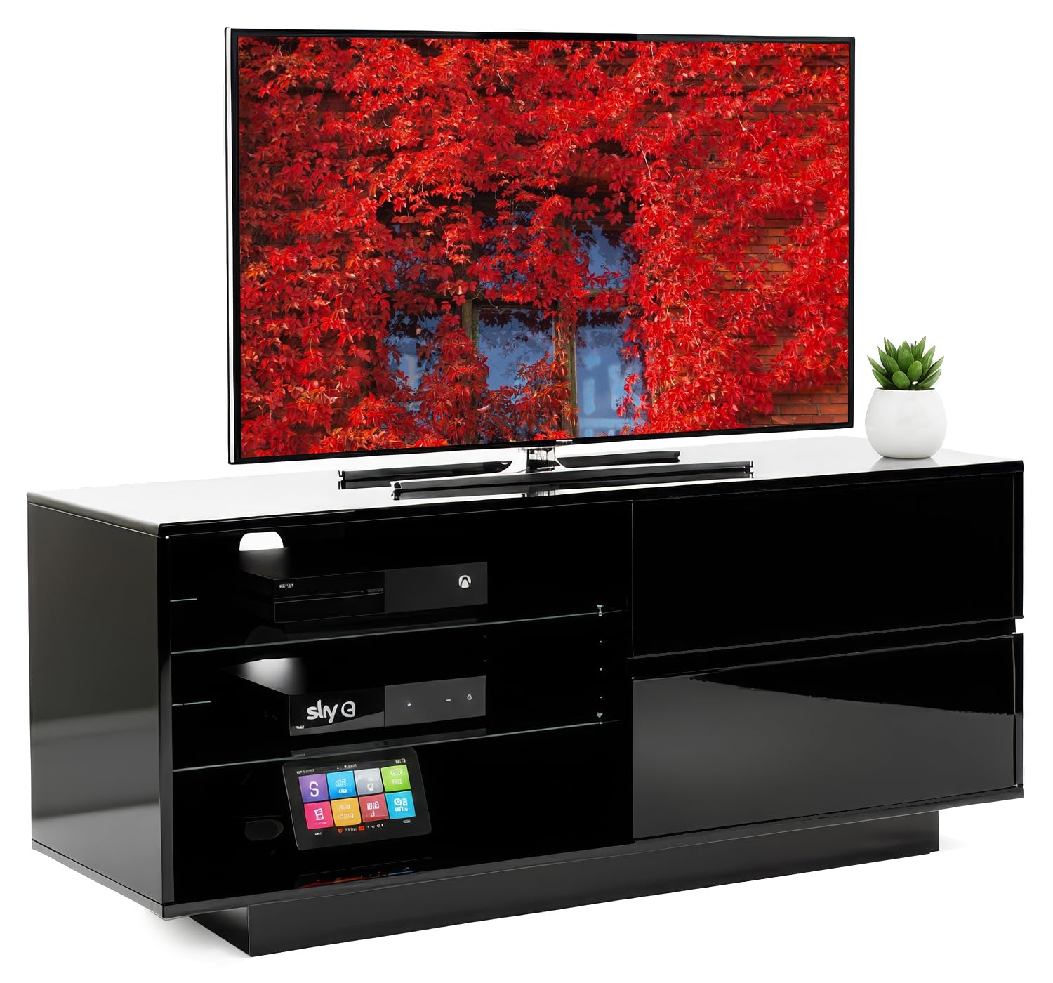 Centurion Supports Black Drawers Gallus High Gloss Black 4-Drawers & 3-Shelf 26"-45" Led/Oled/Lcd Tv Cabinet (Black Gloss)