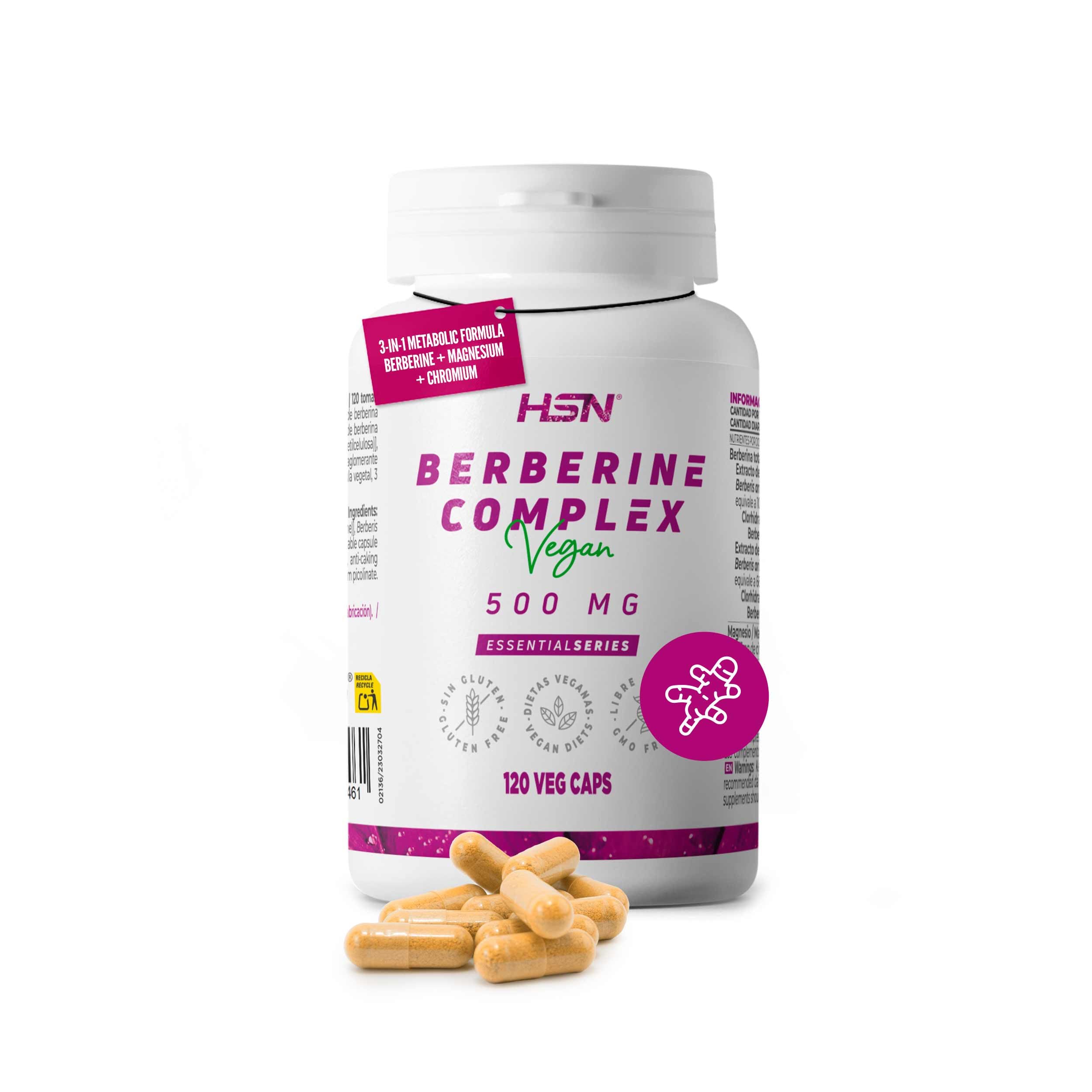 HSN Berberina Complex 500mg | Extracto de Berberis Aristata 97% Berberina HCl | Con Citrato de Magnesio y Cromo | 120 Cápsulas Veganas | Apoyo al Metabolismo y Glucosa Normal