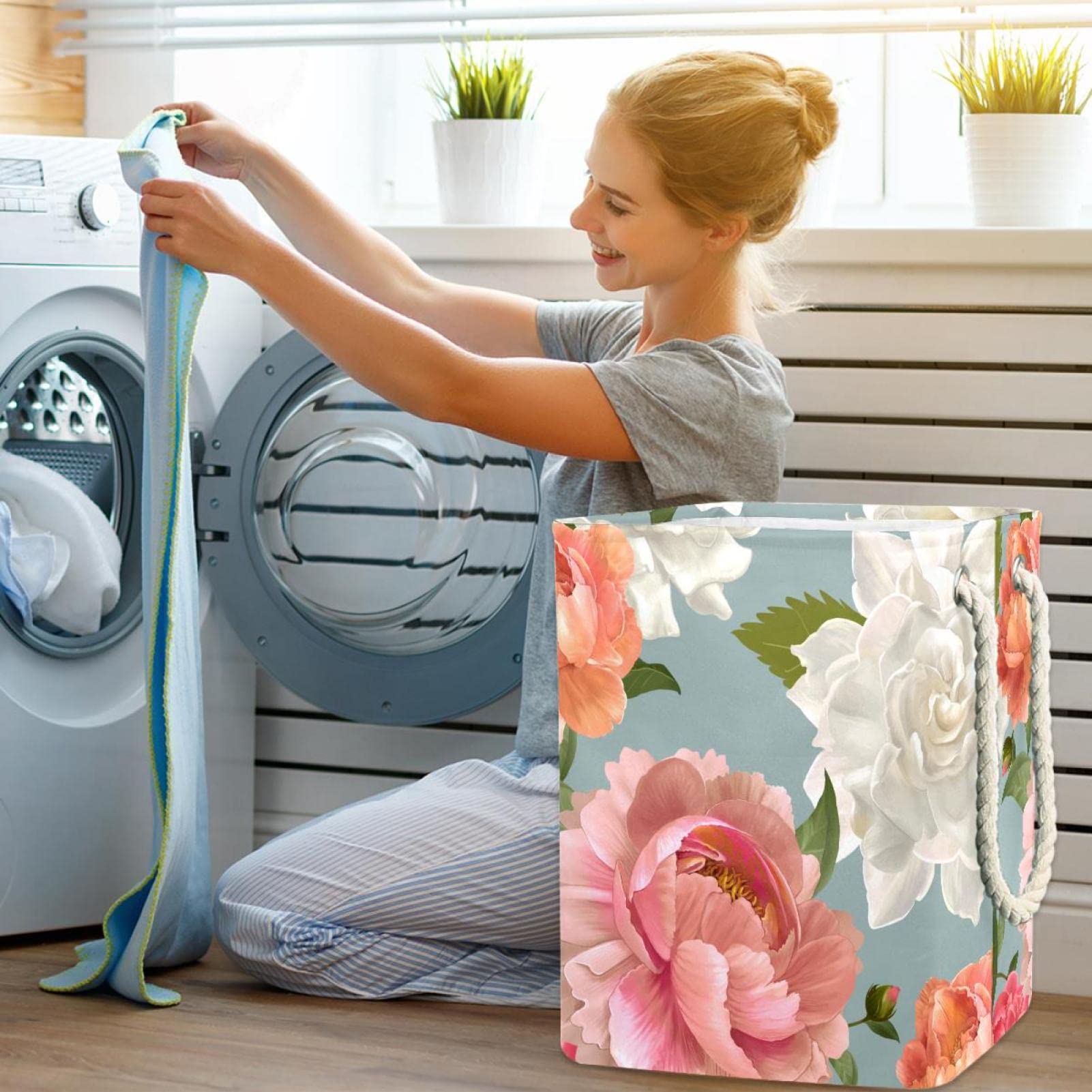 Canasta grande con patrón de peonía, con asa duradera, cesta de almacenamiento de ropa sucia para dormitorio, baño, dormitorio universitario