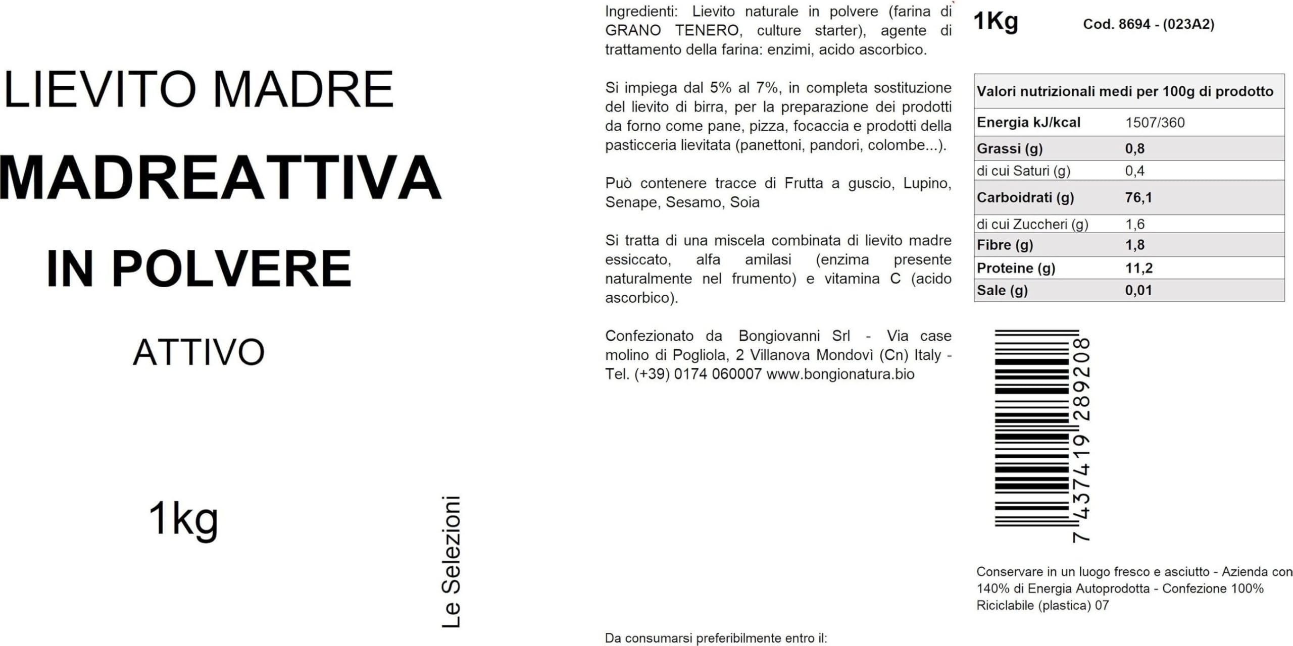 Bongiovanni Bontà Naturali MadreAttiva (Poudre de Levure Mère Active Séchée) 1 kg