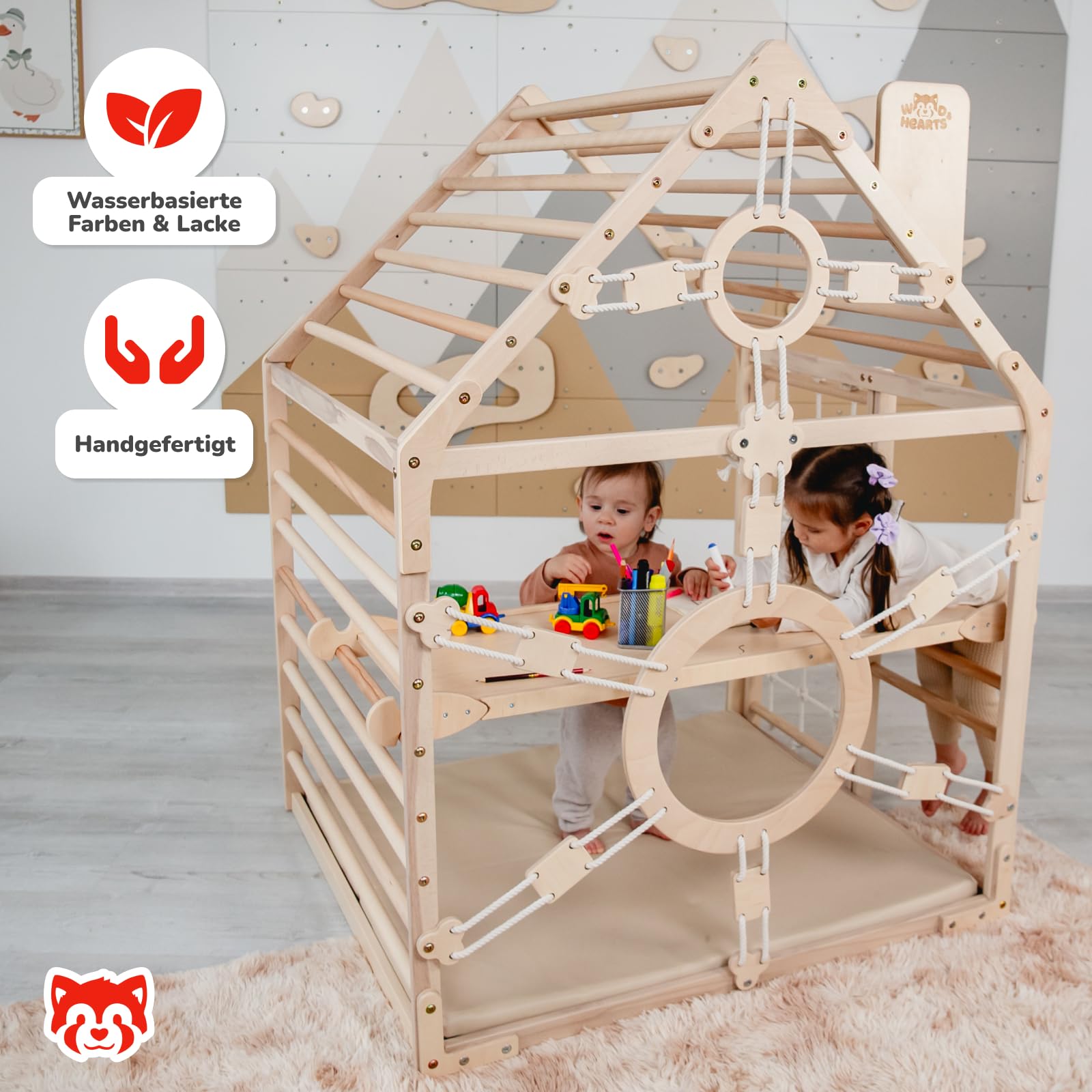 WoodandHearts Indoor Spielturm mit Rutsche & Schaukel – Kinderrutsche, Turnringe & Kletterseil – Baby Schaukel Indoor – Kletterwand Kinderzimmer & Spielhaus für Zuhause