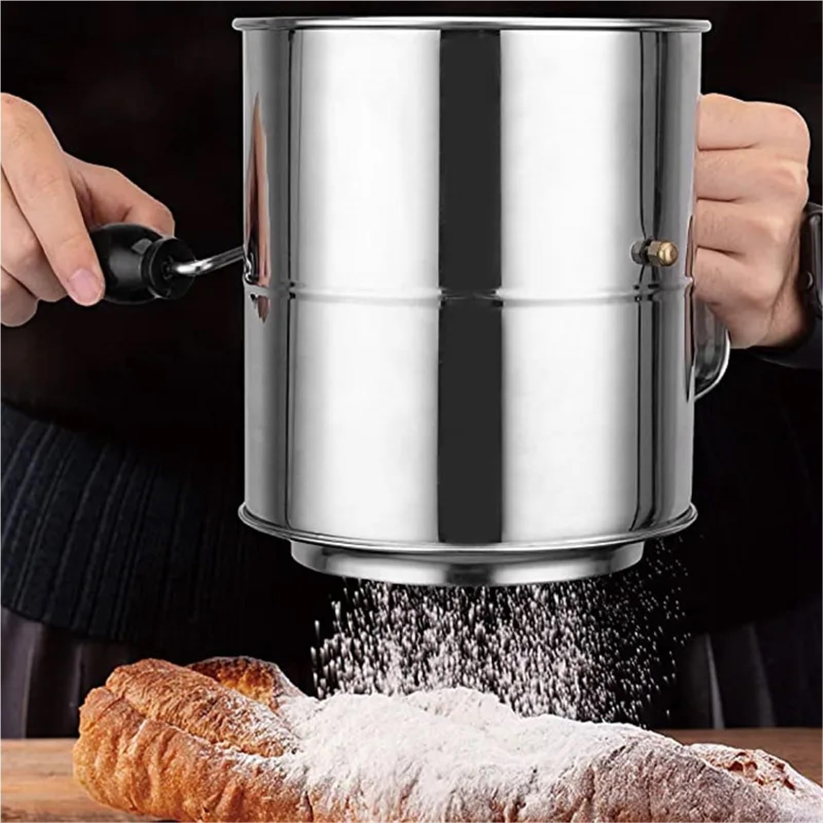 Mehlsieb 8 Tassen Edelstahl Halbautomatisches Hand-Mehlsieb Hand-Pulversieb in Tassenform Handgebackenes Puderzuckersieb(L)